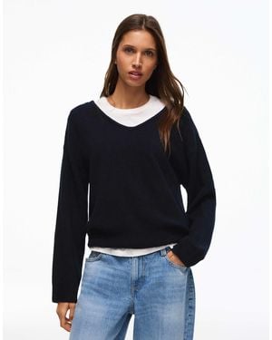 Bershka Pull oversize col v denim - Bleu