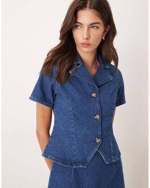 ASOS Denim V-neck Short Sleeve Shirt - Blue