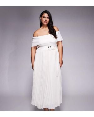 Forever New Vestido Semilargo Con Falda Plisada, Cinturón Y Escote Bardot De Punto De -Blanco - Morado