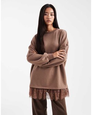 Miss Selfridge Oversized Sweatshirt With Lace Hem - Brown