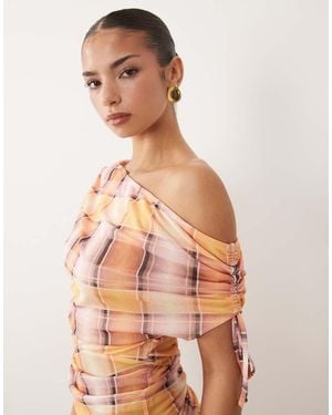 ASOS Co-ord Printed Mesh Ruched Shoulder Cinched Waist Top - Multicolour
