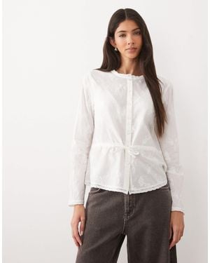 Jdy Tie Waist Shirt With Floral Embroidery - White