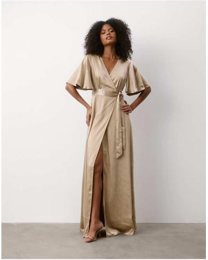 Six Stories Wrap Tie Satin Bridesmaid Dress - Natural