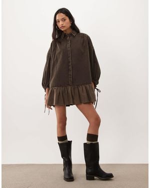 ASOS Hybrid Cord Shirt Mini Dress With Balloon Sleeve And Voile Hem - Natural