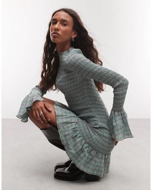 Daisy Street Long Sleeve Shirred Mini Dress With Fluted Sleeve - Gray