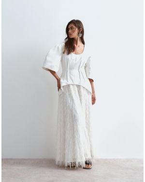 ARRANGE Hybrid Dome Sleeve Fringe Skirt Midaxi Dress - White