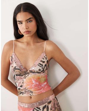 Tiger Mist Top Escotado De Tirantes Con Estampado De Flores Y Leopardo Vintage Y Ribete De Lentejuelas Fenella De (Parte De Un Conjunto) - Rosa