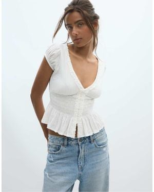 Stradivarius Short Sleeve Shirred Shirt - White