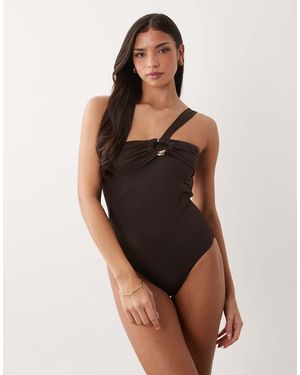 Mango Twist Detailed Swimsuit With Gold Accent - Brown