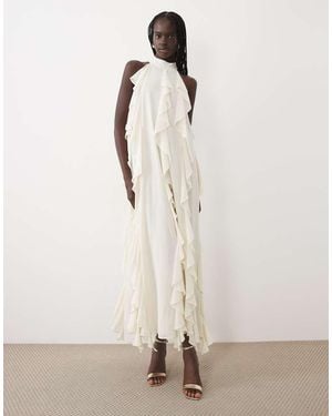 True Decadence High Neck Ruffle Trapeze Maxi Dress - Natural