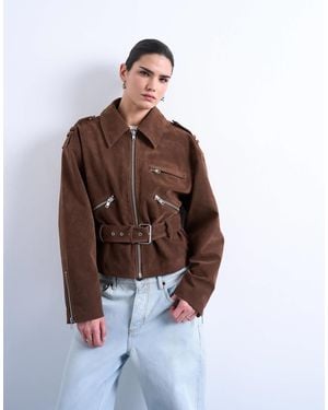 TOPSHOP Faux Suede Low Belted Biker Jacket - Brown