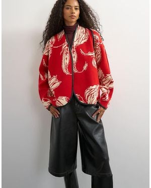 TOPSHOP Knitted Kimono Pu Trim Jacket - Red