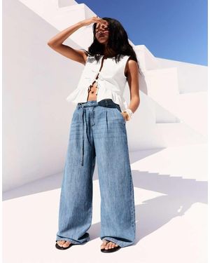 Pull&Bear Jeans Met Wijde Pijpen En Taille Met Trekkoord - Blauw
