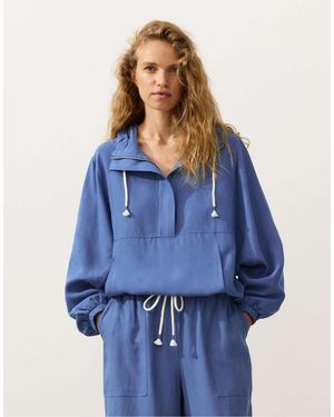 Oysho Half-Zip Sweatshirt With Front Pocket, Lyocell And 24% Linen Blend - Blue