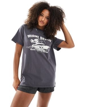 Daisy Street Oversized T-Shirt With Miami Beach Graphic - Blue