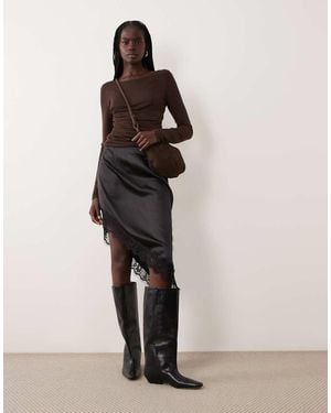 Pieces Asymmetric Lace Trim Satin Mini Skirt - Black