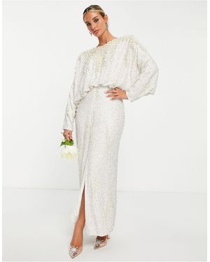 ASOS Embellished Pearl Batwing Sleeve Maxi Dress-white