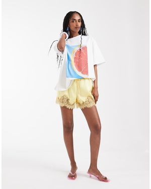 ASOS Lace Trim Satin Drawstring Waist Shorts - White