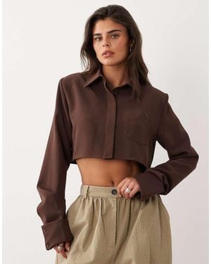 Missy Empire Collared Cropped Shirt Co-ord - Brown