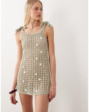 Miss Selfridge Beach Metallic Crochet Faux Pearl Mini Dress - White