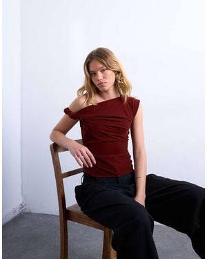 TOPSHOP Twist Shoulder Velvet Top - Red