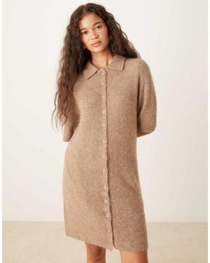 Gina Tricot Short Sleeve Collar Button Through Knitted Mini Dress - Natural
