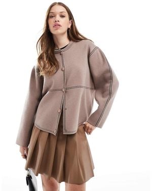 Y.A.S Contrast Stitch Knitted Bomber Jacket - Brown