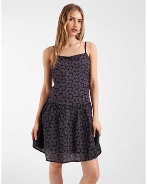 Pieces Drop Waist Cotton Embroidered Mini Dress - Blue