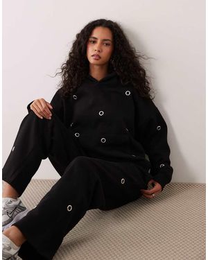 Kaiia Cotton Rich Eyelet Front Oversized Hoodie Co-Ord - Black