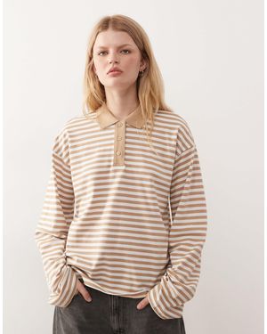 Monki Long Sleeve Oversized Rugby Polo Shirt - Natural