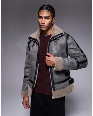 River Island Washed Faux Leather Shearling Jacket - Gray
