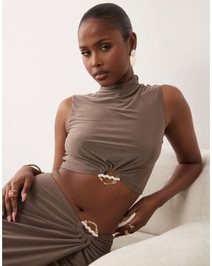 ASOS Co-ord High Neck Drape Top With Hardware Detail - Brown