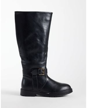 SEQWL Wide Fit Mickey Buckle Knee Boots - Black