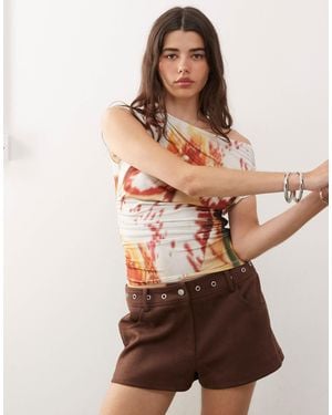Collusion Off Shoulder Slinky Blurred Orange Orchid Top - Brown