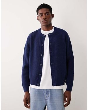 ASOS Oversized Knit Fisherman Rib Wool Blend Crew Neck Cardigan - Blue
