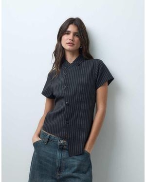 Collusion Camicia Asimmetrica A Righe Sottili Nera - Blu