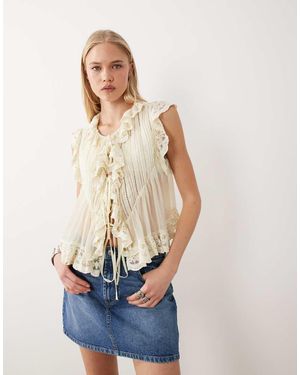 Miss Selfridge Chiffon Tie Front Lace Trim Blouse - Blue