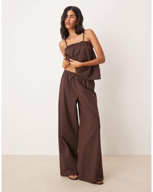 ASOS Linen Blend Wide Leg Pull On Trouser - Brown