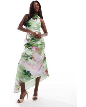 True Violet Vestito Midi Verde Con Stampa E Scollo Ampio Sul Retro - Bianco