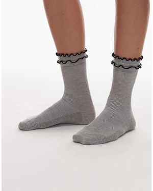 TOPSHOP Calcetines Gris Jaspeado Con Dos Volantes Con Ribete Negro Daphne De - Metálico