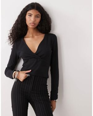 Collusion Long Sleeve V Neck Wrap Top - Black