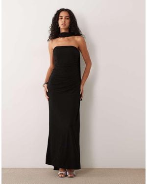 TFNC London Slinky Bandeau Ruched Maxi Dress With Scarf - Black