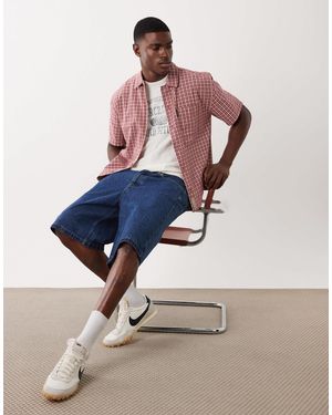 Abercrombie & Fitch – kurzärmliges oversize-hemd mit kleinem karomuster - Blau