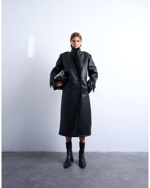 TOPSHOP Abrigo De Aviador Largo Negro Extragrande De Borreguito De
