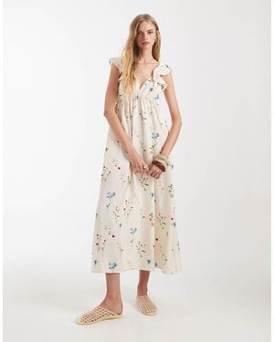 Vero Moda Ruffle Shoulder V Neck Maxi Dress - Natural