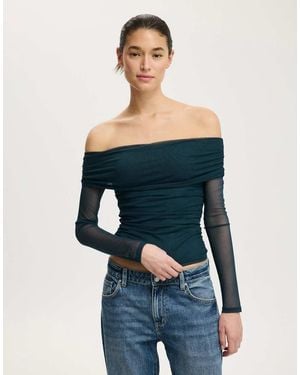 Cotton On Ashley Off Shoulder Mesh Long Sleeve Top - Blue
