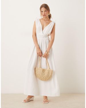 Pimkie Ruched Waist Wrap V Neck Tie Back Detail Maxi Dress - Natural