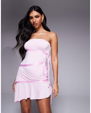 I.AM.GIA Arly Slinky Bandeau Contrast Satin Ribbon Trim Asymmetric Hem Mini Dress - Purple