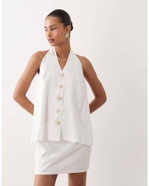 SNDY'S Cotton & Linen Blend Halterneck Button Through Longline Sleeveless Top Co-ord - White