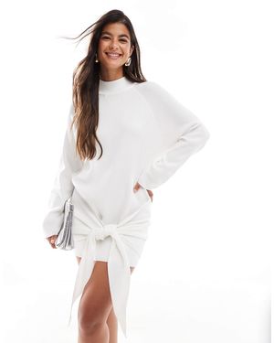 SNDY'S Premium Knitted Knot Front Drape Detail Mini Sweater Dress - White